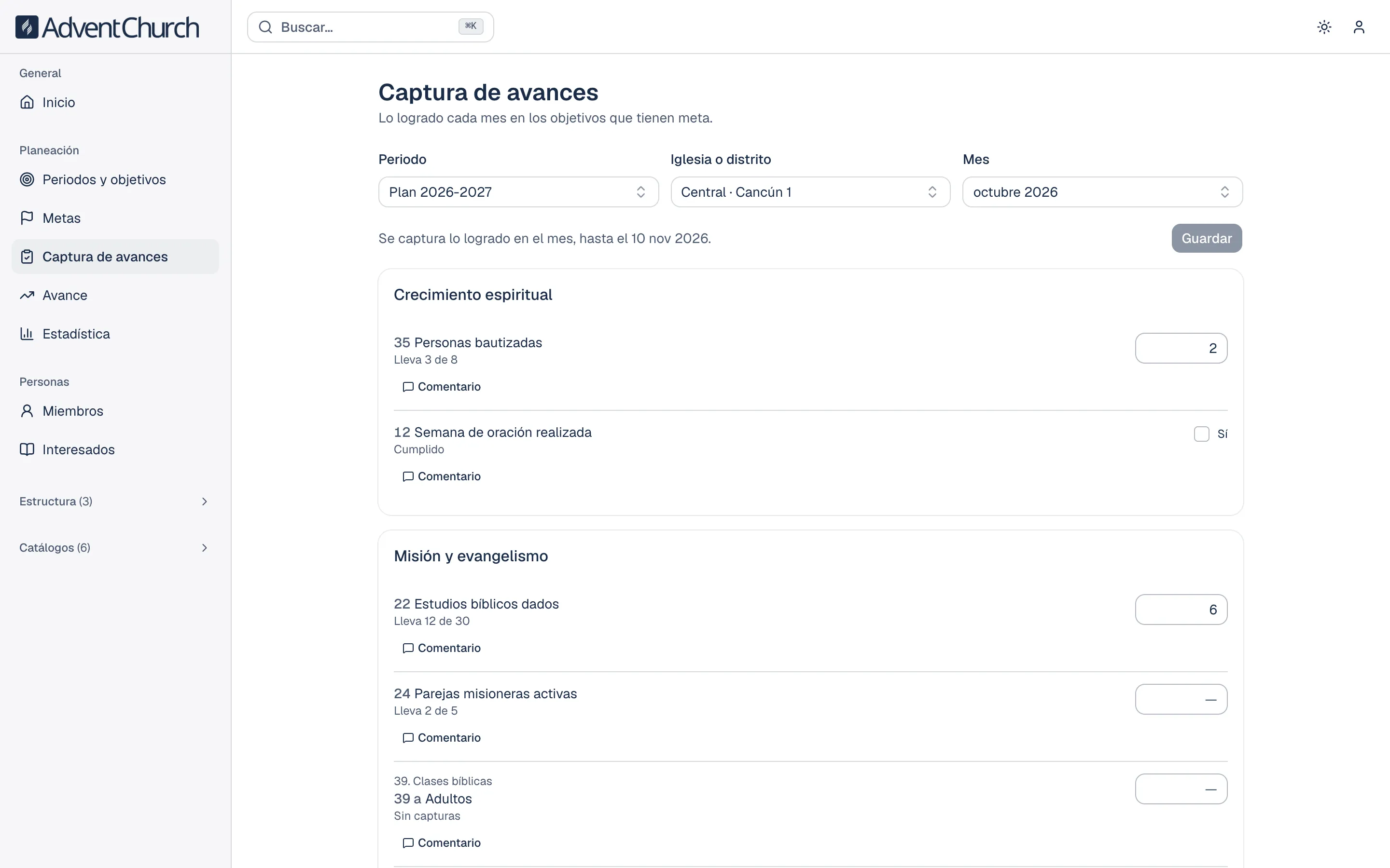 Captura de avances del mes con objetivos agrupados por bloque